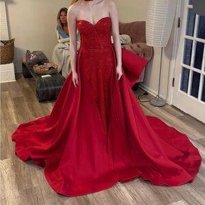 Strapless Red Evening Pageant Prom Dress overskirt and bow